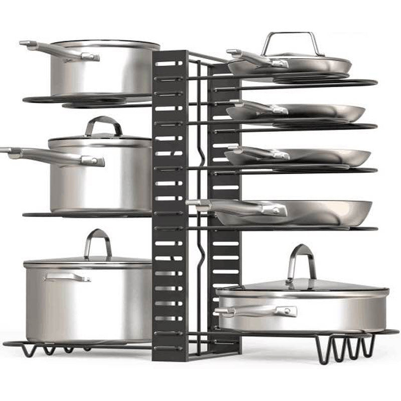 8-Tier Adjustable Iron Storage Rack – Kitchen Organizer & Pan Holder with Drying Drain Rack