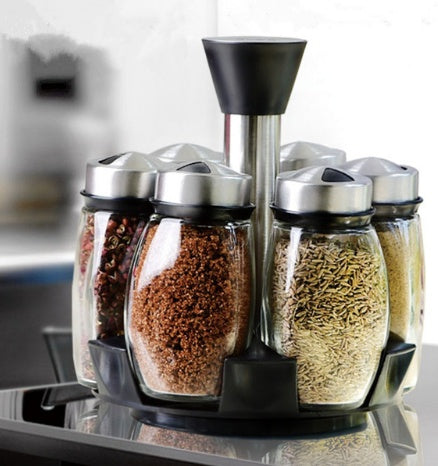 Premium 7-Piece Glass Spice Jar Set with Rotating Rack – Salt, Pepper & Seasoning Organizer