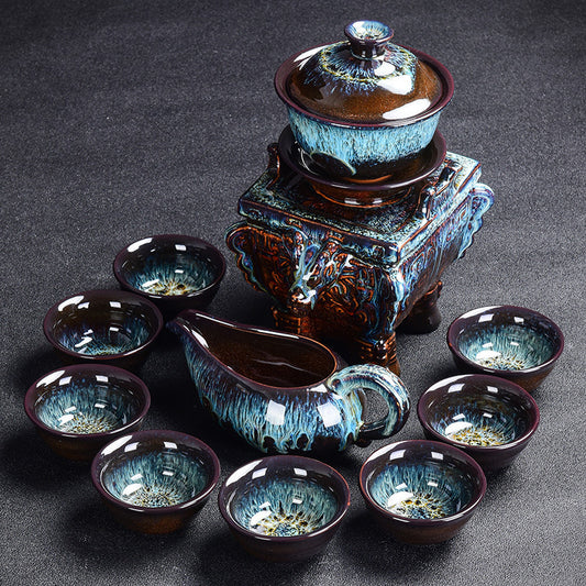 Luxury Kiln-Glazed Ceramic Tea Set – Semi-Gilt Silver Anti-Scalding Teaware