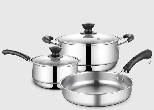 3-Piece Stainless Steel Cookware Set – Wok, Soup Pot & Saucepan with Glass Lids