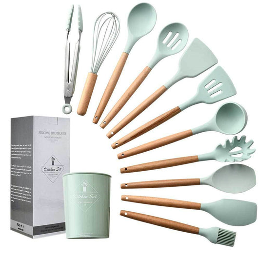 11-Piece Non-Stick Silicone Cooking Utensil Set – Heat-Resistant Kitchenware with Rubber Wood Handles