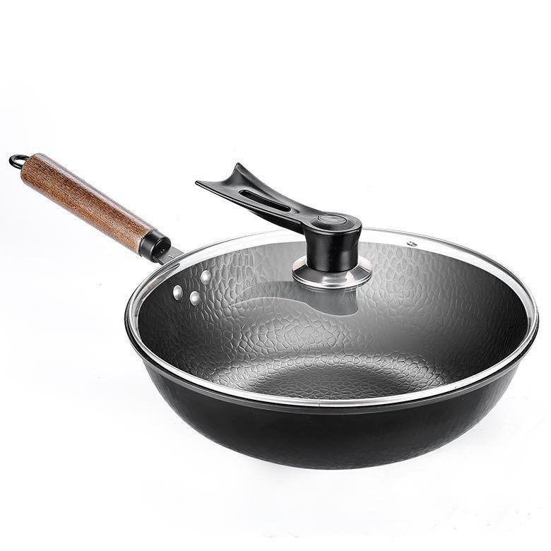 Handmade Traditional Iron Wok – Non-Stick Carbon Steel Stir-Fry Pan with Wooden Handle & Lid for Authentic Cooking