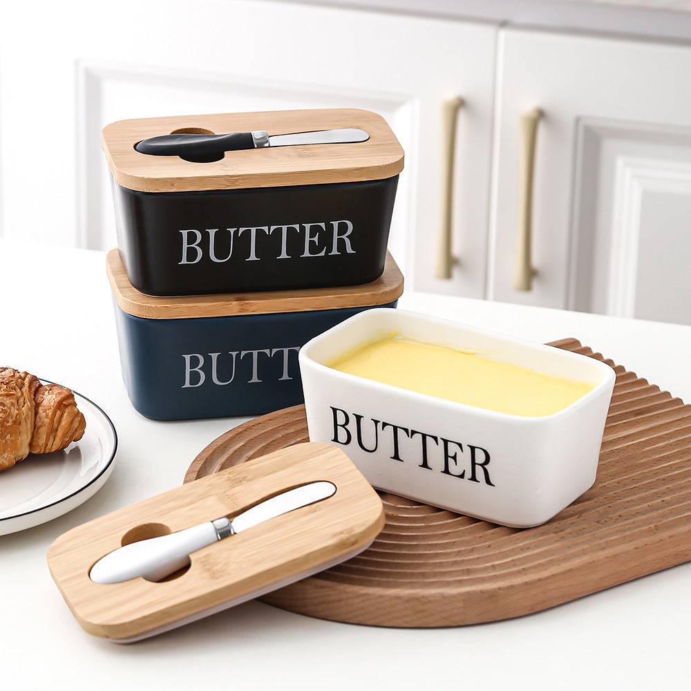 Ceramic Butter Box with Bamboo Lid & Knife – Airtight Storage for Butter