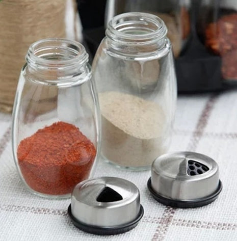 Premium 7-Piece Glass Spice Jar Set with Rotating Rack – Salt, Pepper & Seasoning Organizer