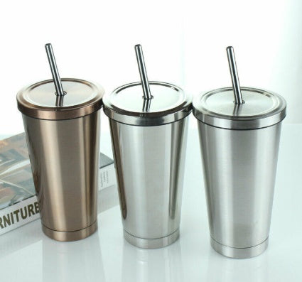 500ML Stainless Steel Empty Tumbler Coffee Cup Mug with Straw Lids Drinking Bottles