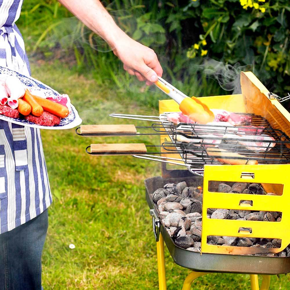 Stainless Steel BBQ Grill Mesh Basket – Portable Barbecue Tool with Wooden Handle for Grilling Meat & Vegetables