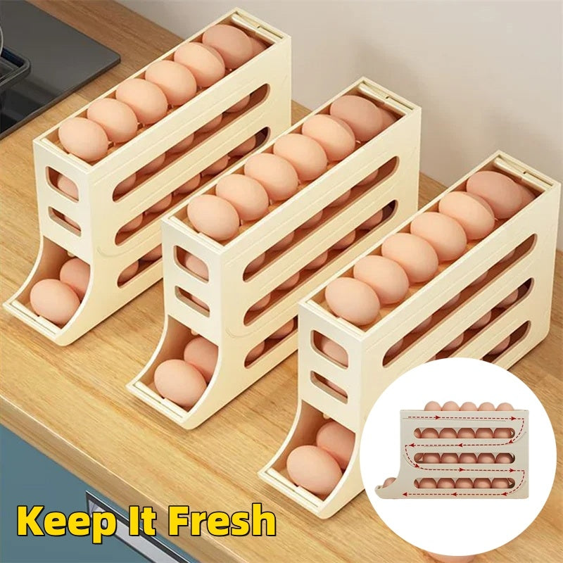 4-Layer Automatic Egg Roller Tray – Large-Capacity Sliding Egg Holder for Refrigerators