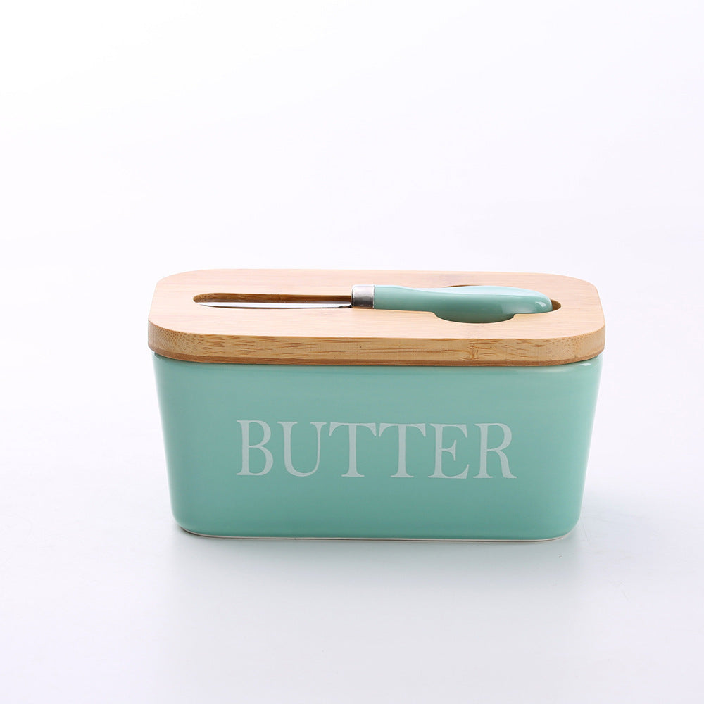 Ceramic Butter Box with Bamboo Lid & Knife – Airtight Storage for Butter