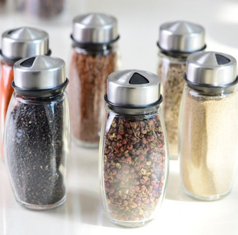 Premium 7-Piece Glass Spice Jar Set with Rotating Rack – Salt, Pepper & Seasoning Organizer