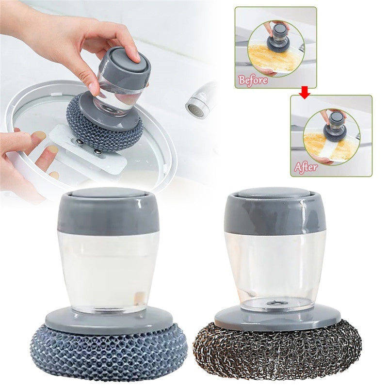 Soap Dispensing Palm Brush – Push-Type Kitchen Scrubber for Dishes & Surfaces