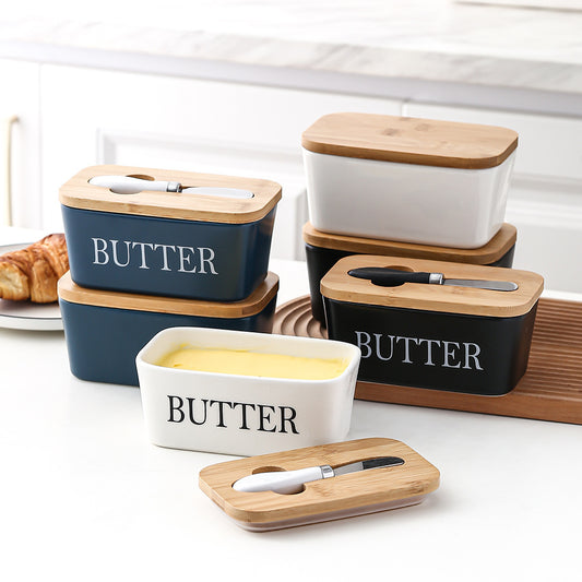 Ceramic Butter Box with Bamboo Lid & Knife – Airtight Storage for Butter