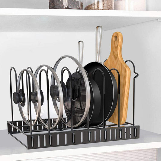 8-Tier Adjustable Iron Storage Rack – Kitchen Organizer & Pan Holder with Drying Drain Rack