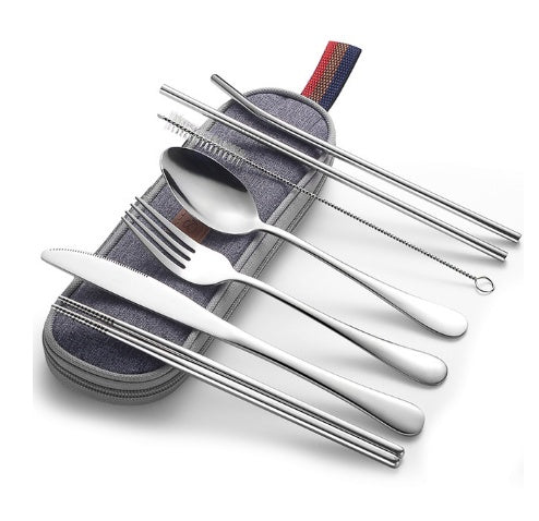 Minimalist Stainless Steel Portable Cutlery Set – 7-Piece Travel Silverware with Straws & Carrying Case for Camping, Hiking & Daily Use