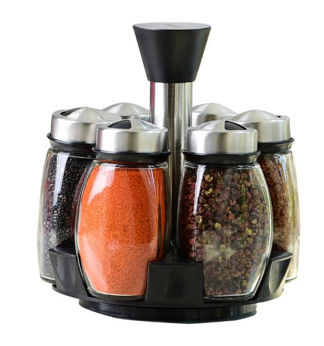 Premium 7-Piece Glass Spice Jar Set with Rotating Rack – Salt, Pepper & Seasoning Organizer