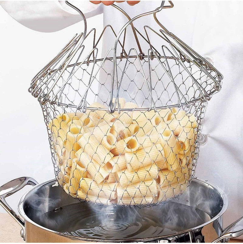 Foldable Stainless Steel Fry Basket – Multi-Purpose Cooking & Draining Basket for Frying & Washing