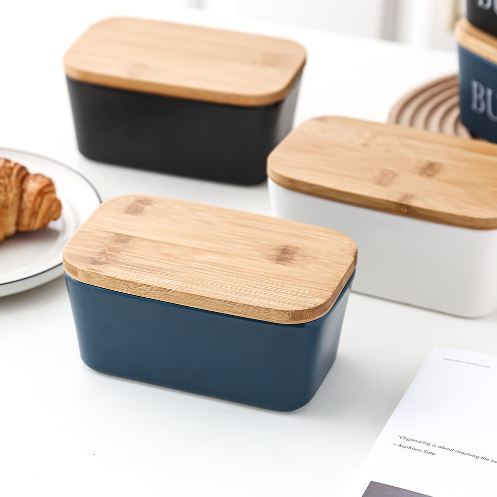 Ceramic Butter Box with Bamboo Lid & Knife – Airtight Storage for Butter