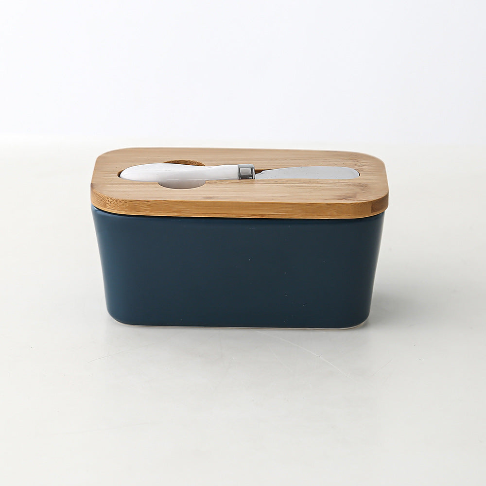 Ceramic Butter Box with Bamboo Lid & Knife – Airtight Storage for Butter