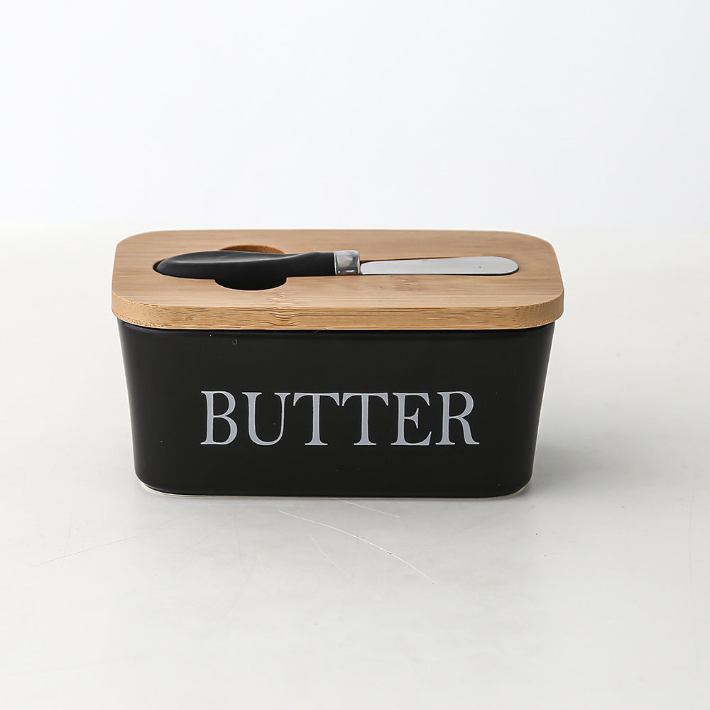 Ceramic Butter Box with Bamboo Lid & Knife – Airtight Storage for Butter