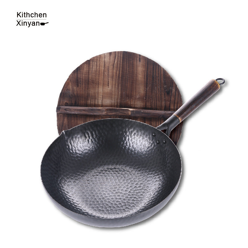 Handmade Traditional Iron Wok – Non-Stick Carbon Steel Stir-Fry Pan with Wooden Handle & Lid for Authentic Cooking