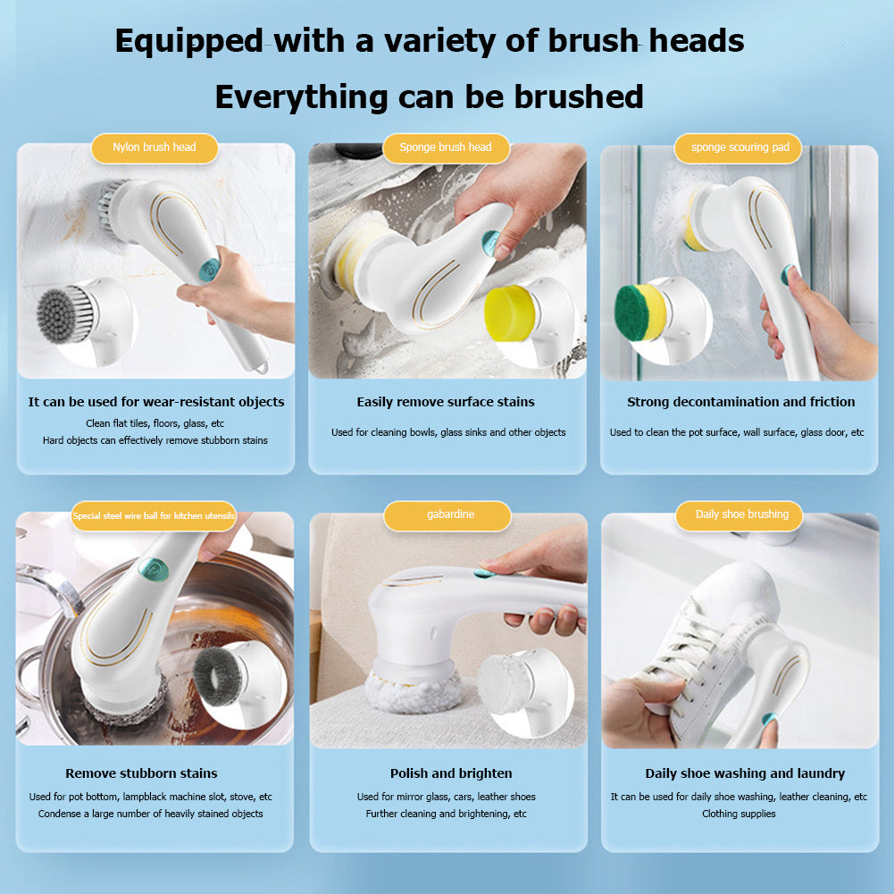 Multifunctional Electric Handheld Scrubber – Cordless Dishwashing & Cleaning Brush with 5 Replaceable Heads for Kitchen, Bathroom & Tiles