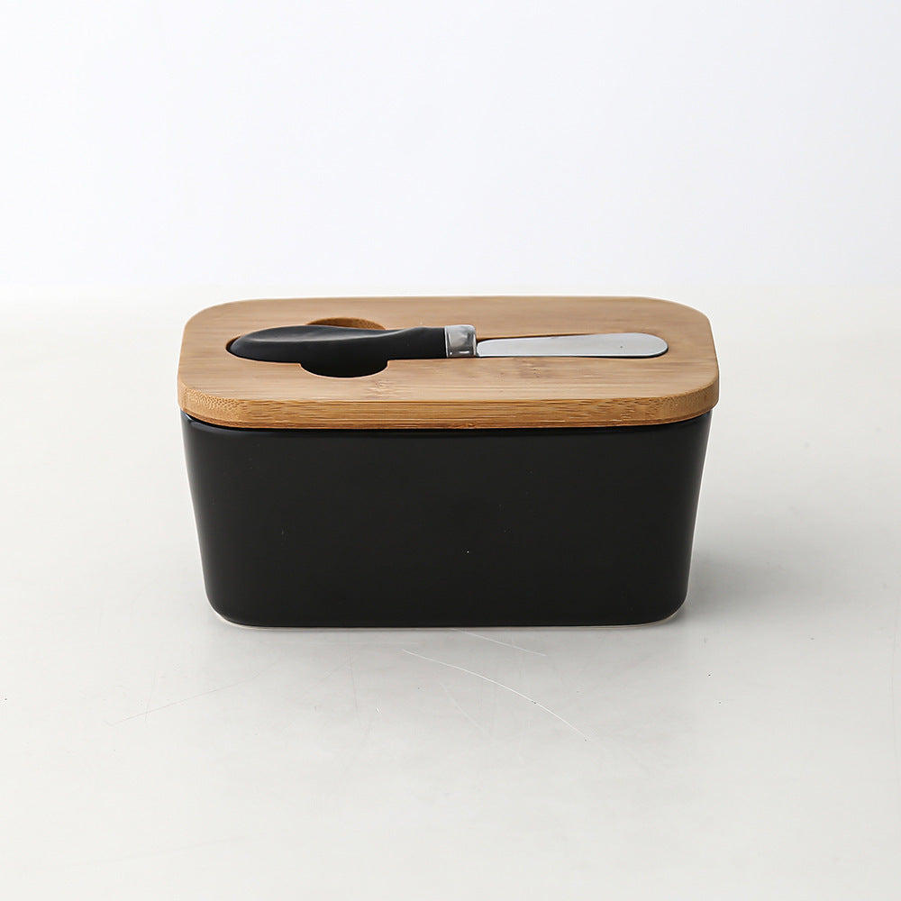 Ceramic Butter Box with Bamboo Lid & Knife – Airtight Storage for Butter