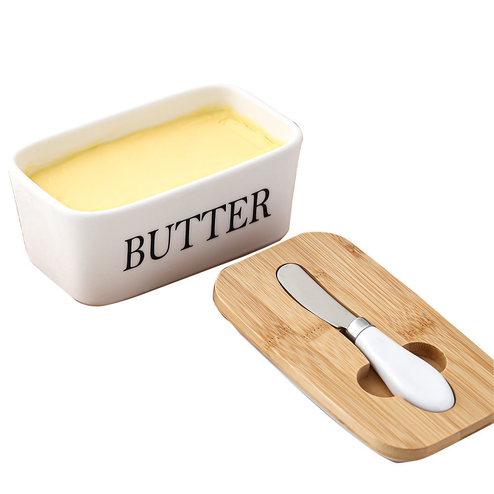 Ceramic Butter Box with Bamboo Lid & Knife – Airtight Storage for Butter