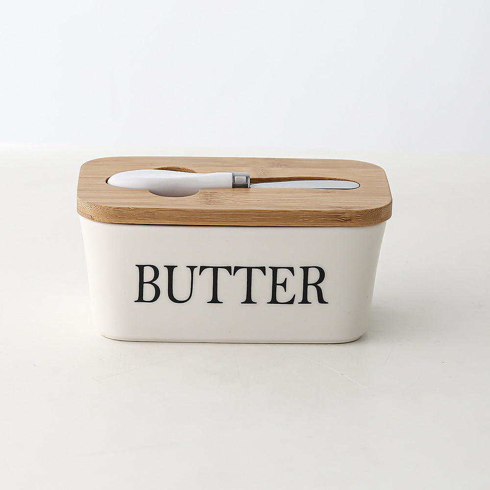 Ceramic Butter Box with Bamboo Lid & Knife – Airtight Storage for Butter