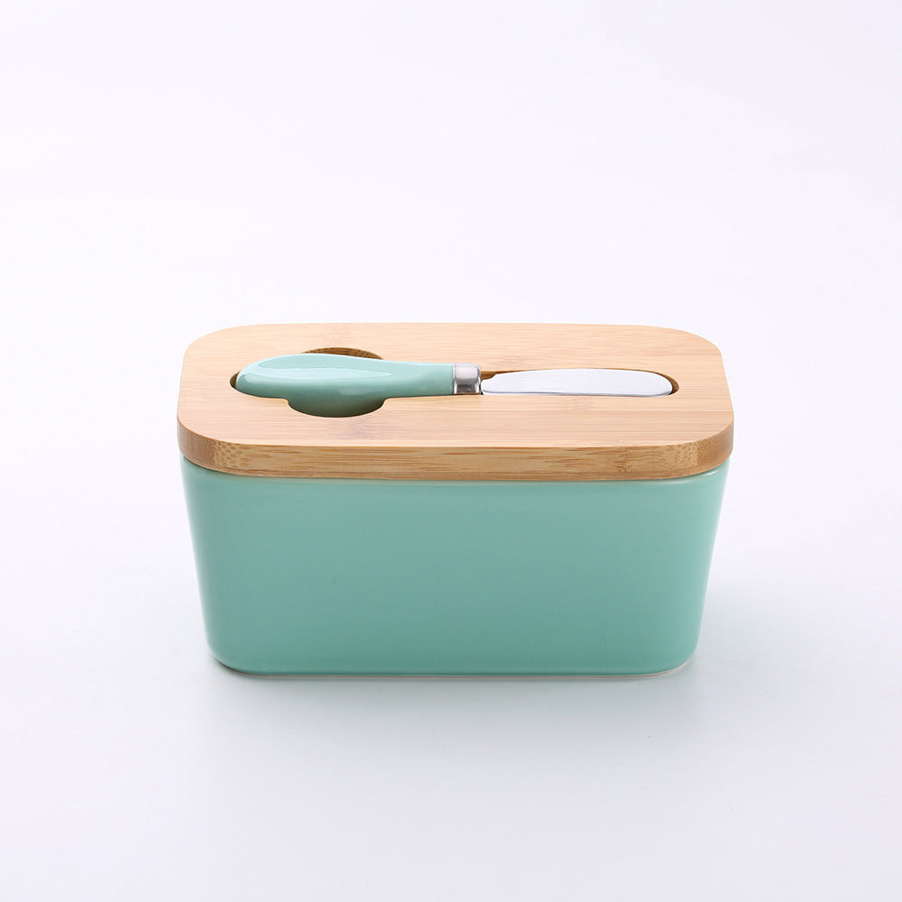 Ceramic Butter Box with Bamboo Lid & Knife – Airtight Storage for Butter