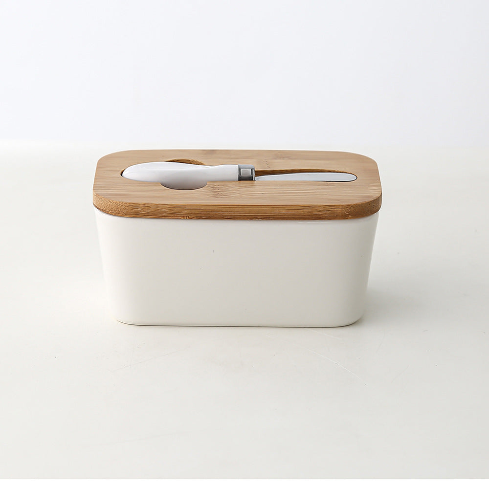 Ceramic Butter Box with Bamboo Lid & Knife – Airtight Storage for Butter