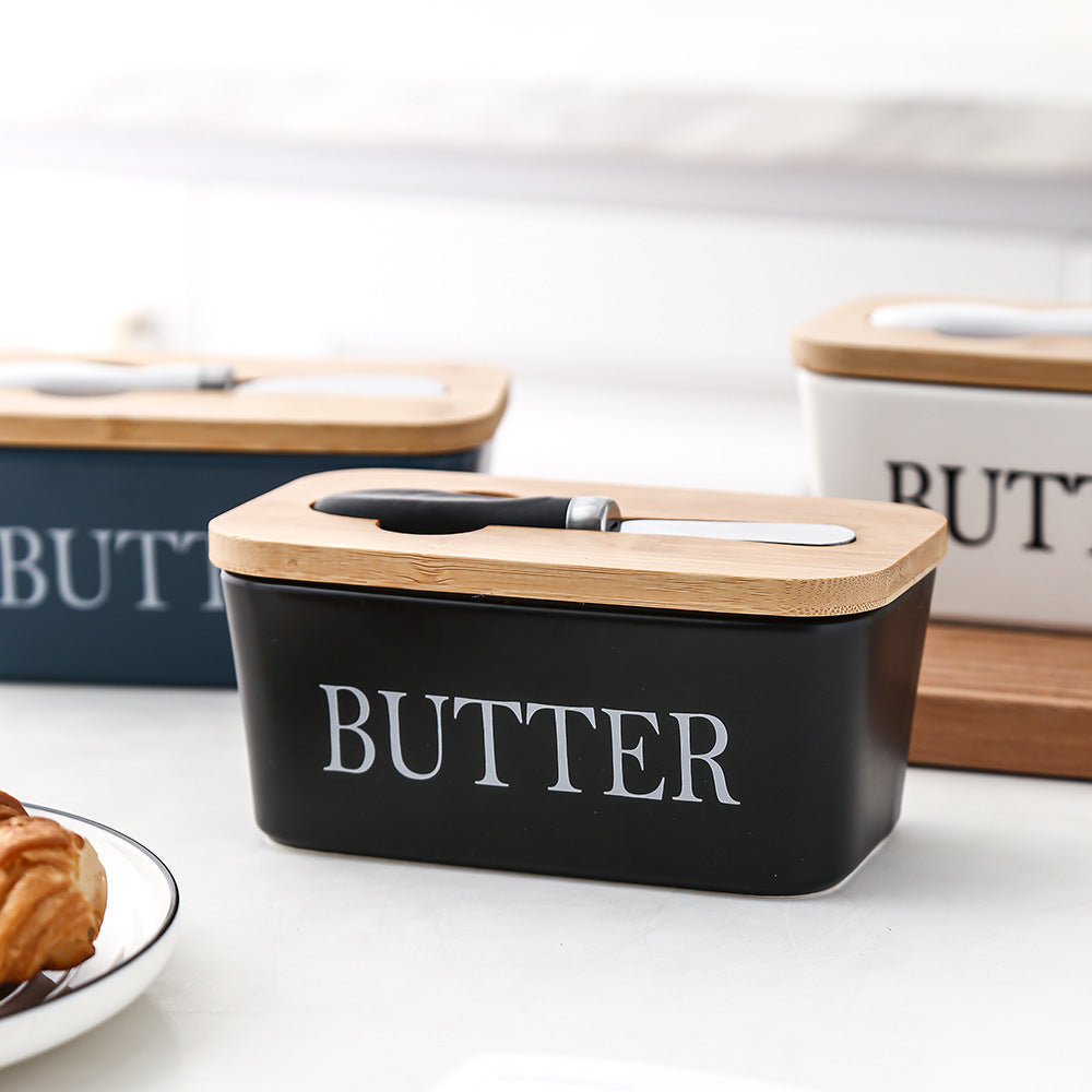 Ceramic Butter Box with Bamboo Lid & Knife – Airtight Storage for Butter