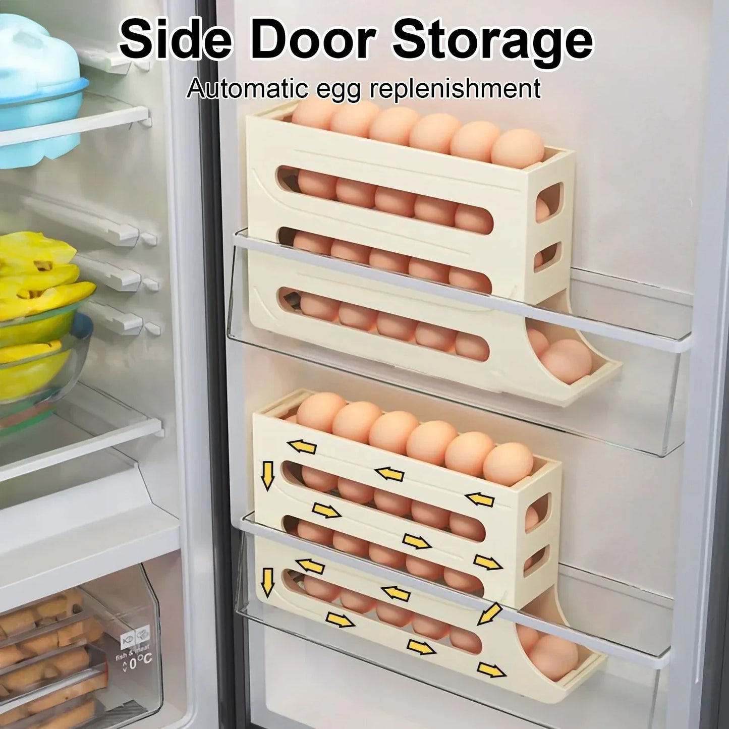 4-Layer Automatic Egg Roller Tray – Large-Capacity Sliding Egg Holder for Refrigerators