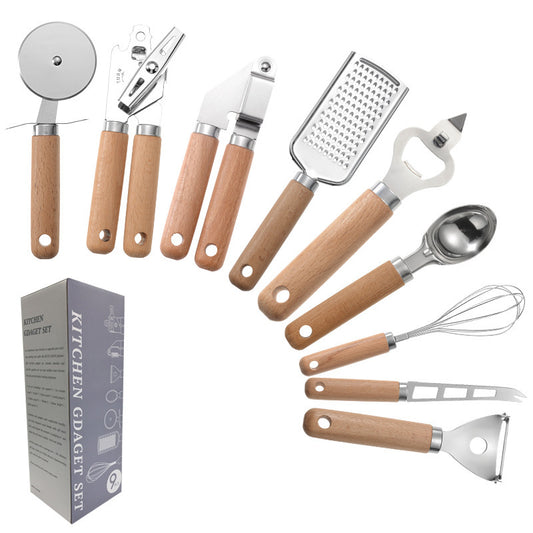 Modern Kitchen Gadget Set – Stainless Steel Tools with Beech Wood Handles for Cooking, Baking & Food Prep